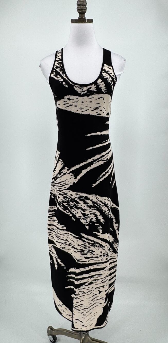 House of Harlow 1960 Amaya Black Beige Palm Leaf Sleeveless Knit Maxi Dress Sz S